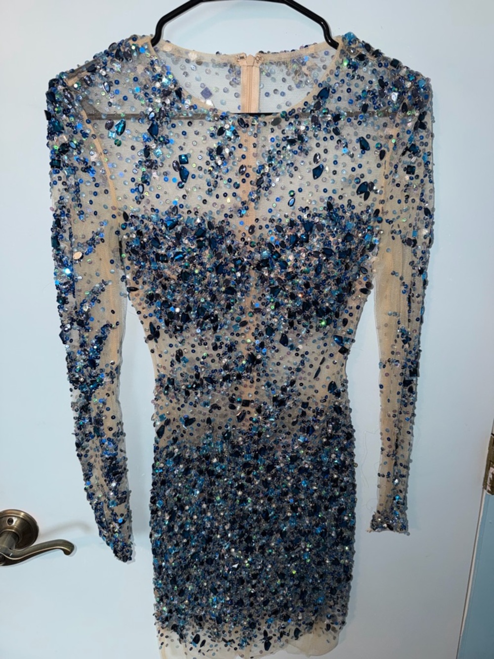 Jovani Nude Mesh Long Sleeve Mini Dress with Blue Sequin Embellishment
